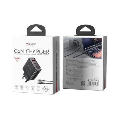 Φορτιστής Δικτύου με Καλώδιο USB-C Yesido YC144C, 65W, 3.25A, 1 x USB-A - 2 x USB-C, Μαύρο