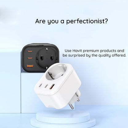 HAVIT UC142 Network Charger, 30W, 3A, 1 x USB-A - 2 x USB-C - 1 x Schuko, Black
