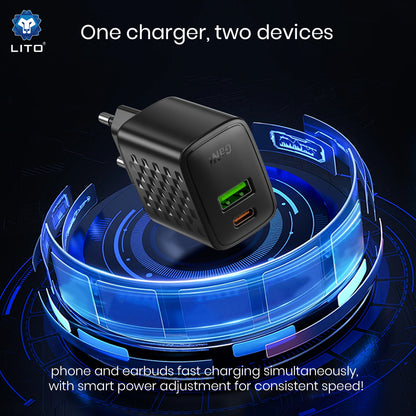 Lito LC19 Network Charger, 30W, 3A, 1 x USB-A - 1 x USB-C, Black