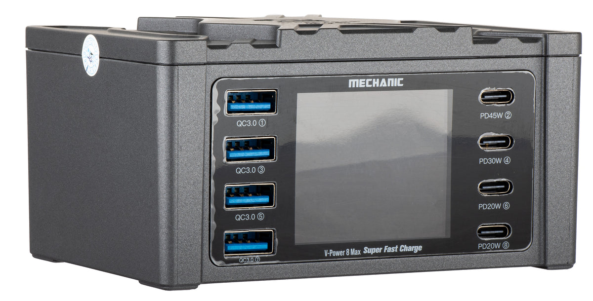Φορτιστής Σταθμός Mechanic V-Power Max με Οθόνη, 115W, 3A, 4 x USB-A - 4 x USB-C, Μαύρο