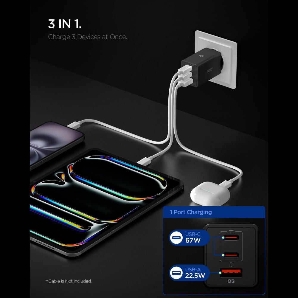 Spigen Essential Network Charger, 67W, 3.25A, 1 x USB-A - 2 x USB-C, Black ACH09458
