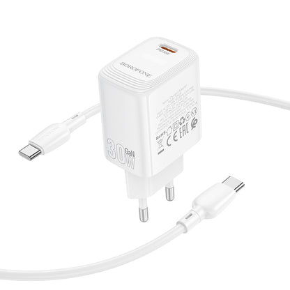 Network Charger with USB-C Cable Borofone BN28 Fuente, 30W, 3A, 1 x USB-C, White