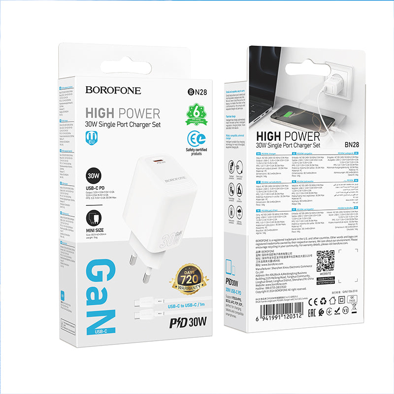 Network Charger with USB-C Cable Borofone BN28 Fuente, 30W, 3A, 1 x USB-C, White