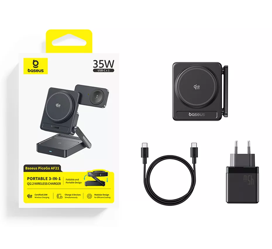 Ασύρματος Φορτιστής Δικτύου Baseus PicoGo AF21 3in1, 35W, Μαύρο E0205401