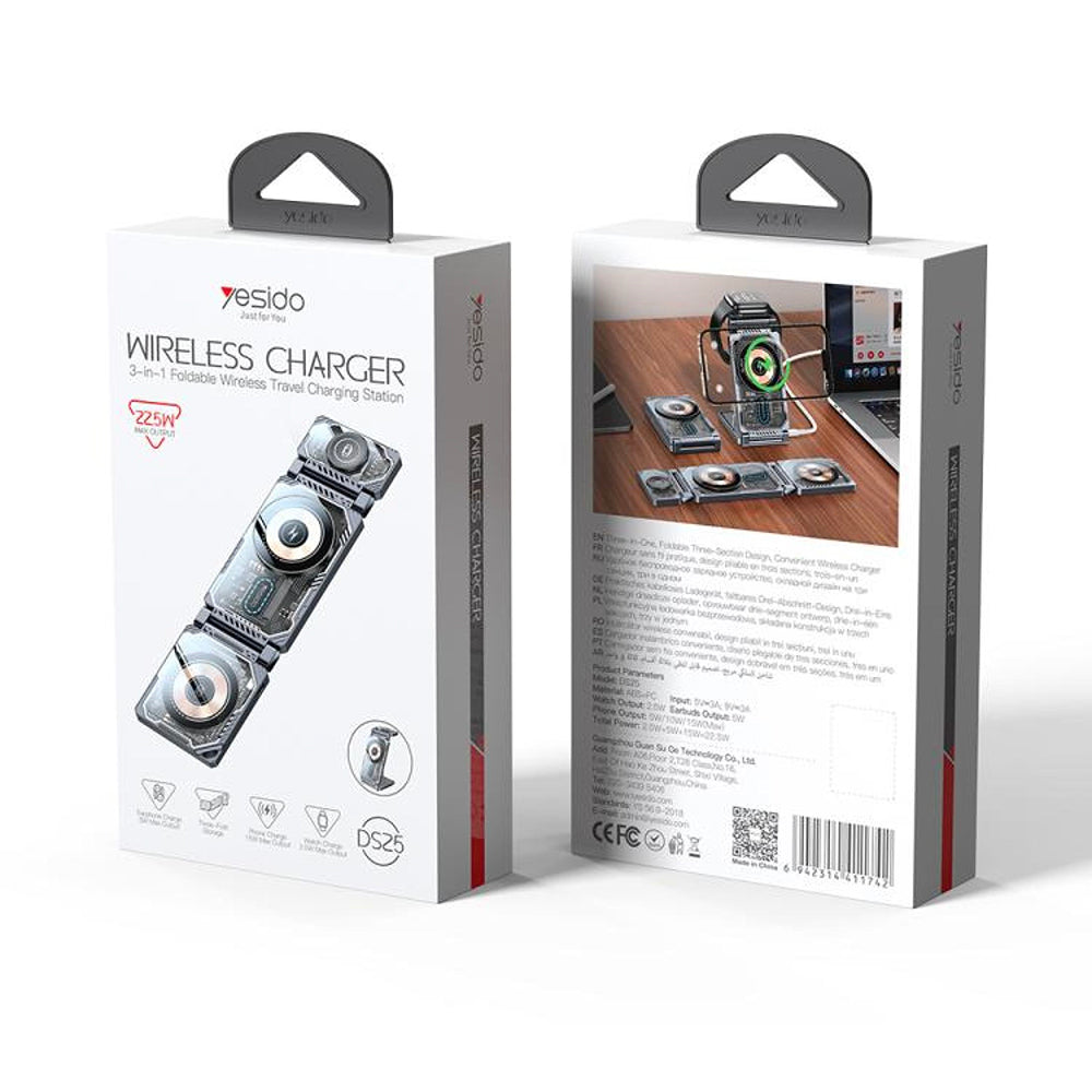 Φορτιστής Δικτύου Ασύρματος Yesido DS25 3σε1, 15W, 1.67A, Μαύρο