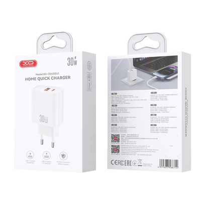 Φορτιστής Δικτύου XO Design CE42, 30W, 3A, 1 x USB-A - 1 x USB-C, Λευκός