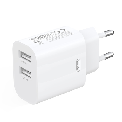XO Design CE55 Mains Charger, 12W, 2.4A, 2 x USB-A, White