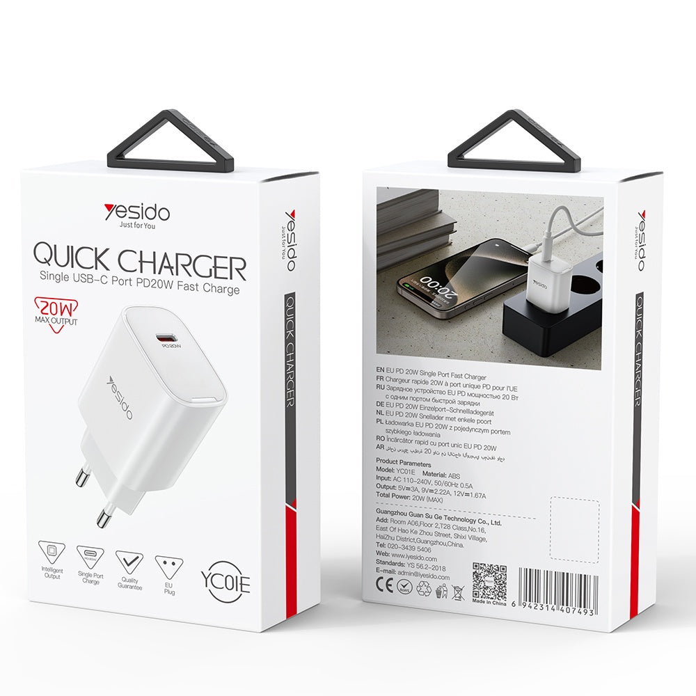 Φορτιστής Δικτύου Yesido YC01E, 20W, 3A, 1 x USB-C, Λευκό