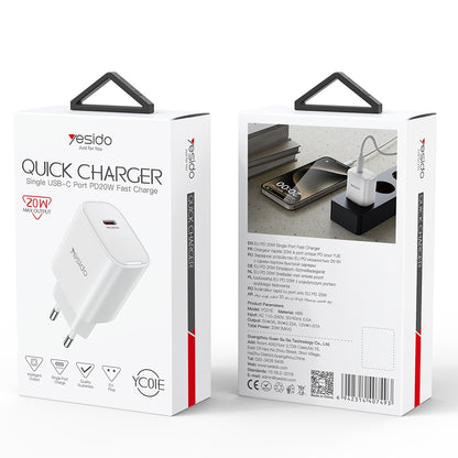 Φορτιστής Δικτύου Yesido YC01E, 20W, 3A, 1 x USB-C, Λευκό