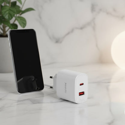 Φορτιστής Δικτύου Yesido YC02E, 20W, 3A, 1 x USB-A - 1 x USB-C, Λευκό