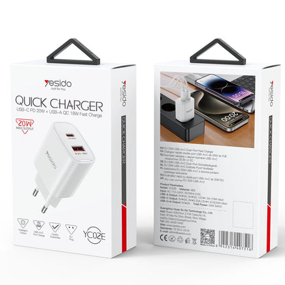 Φορτιστής Δικτύου Yesido YC02E, 20W, 3A, 1 x USB-A - 1 x USB-C, Λευκό