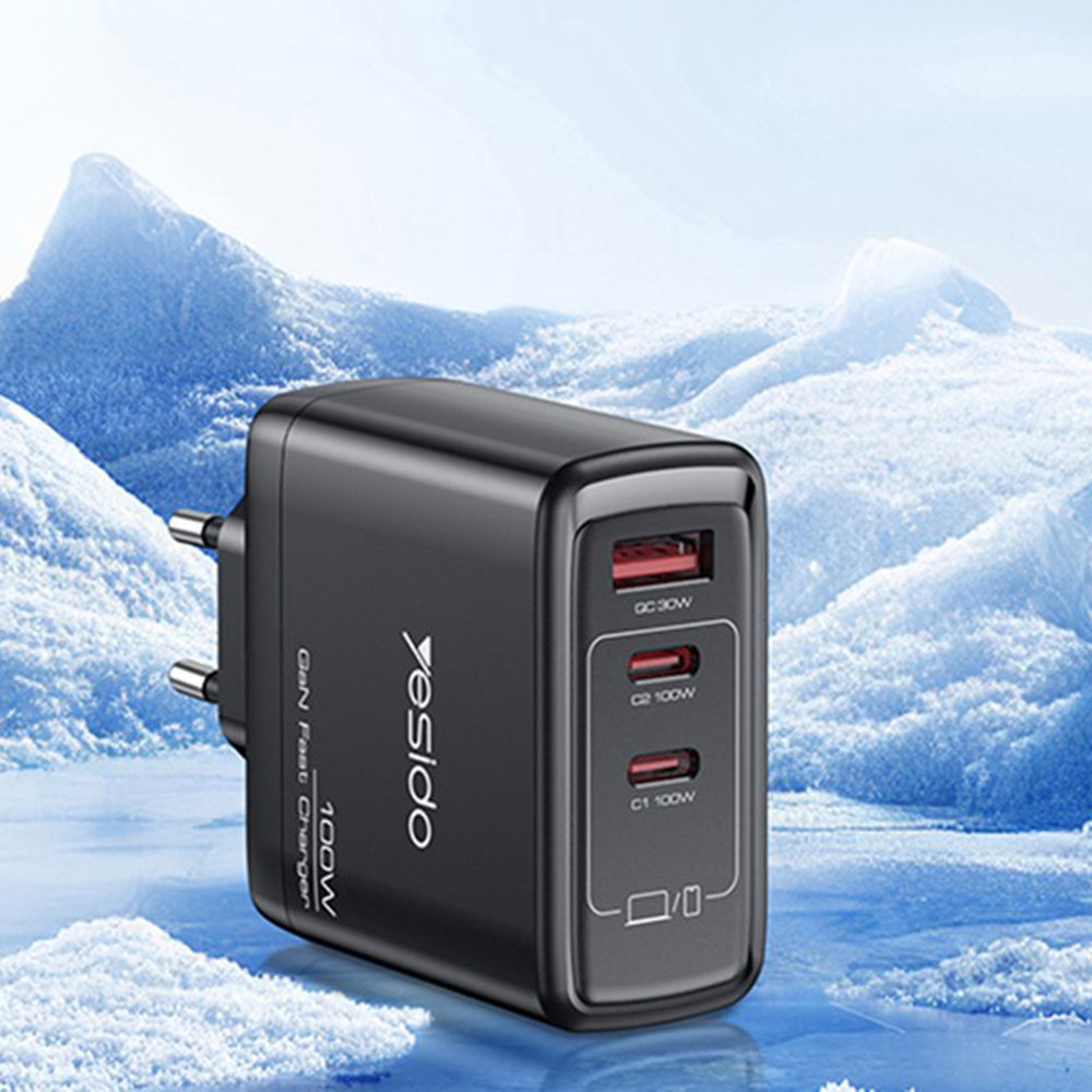 Φορτιστής Δικτύου Yesido YC142, 100W, 5A, 1 x USB-A - 2 x USB-C, Μαύρο