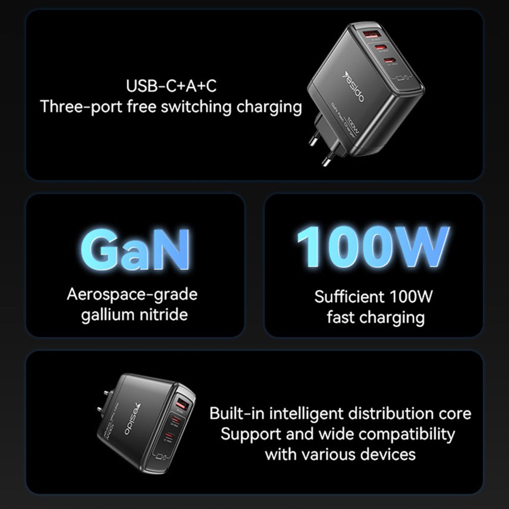 Φορτιστής Δικτύου Yesido YC142, 100W, 5A, 1 x USB-A - 2 x USB-C, Μαύρο
