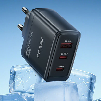 Φορτιστής Δικτύου Yesido YC144, 65W, 3.25A, 1 x USB-A - 2 x USB-C, Μαύρο