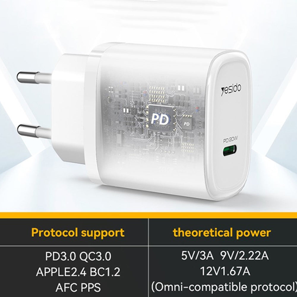 Φορτιστής Δικτύου Yesido YC57, 20W, 3A, 1 x USB-C, Λευκό