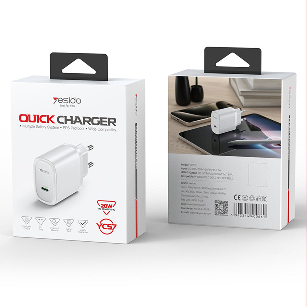Φορτιστής Δικτύου Yesido YC57, 20W, 3A, 1 x USB-C, Λευκό