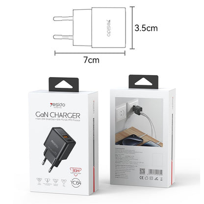 Φορτιστής Δικτύου Yesido YC64, 30W, 3A, 1 x USB-A - 1 x USB-C, Μαύρο