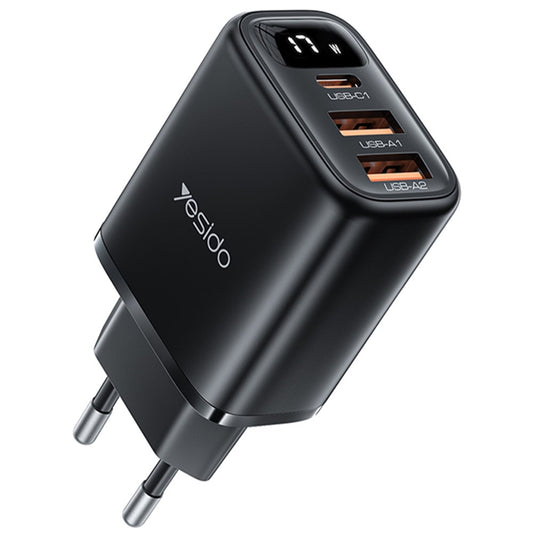 Φορτιστής Δικτύου Yesido YC67 Display, 17W, 2.4A, 1 x USB-C - 2 x USB-A, Μαύρο