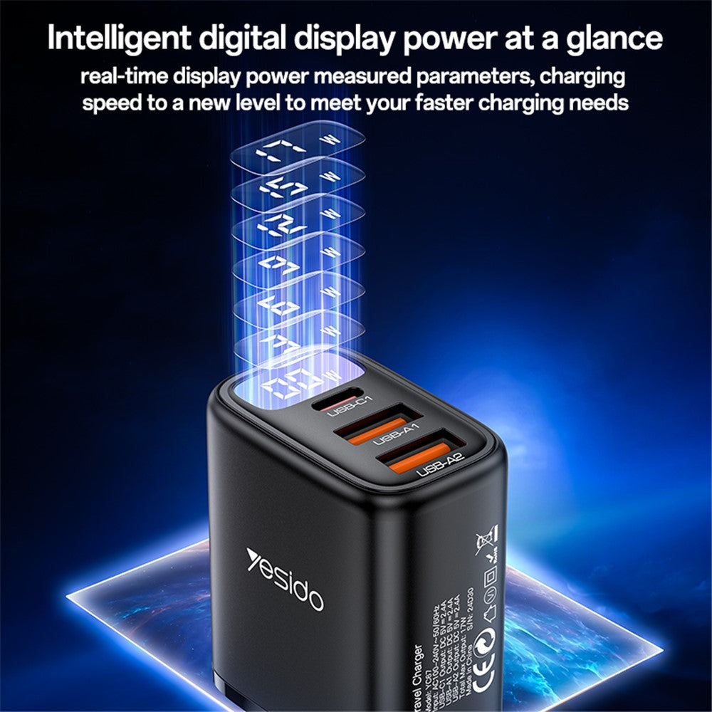 Φορτιστής Δικτύου Yesido YC67 Display, 17W, 2.4A, 1 x USB-C - 2 x USB-A, Μαύρο