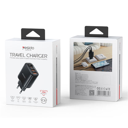 Φορτιστής Δικτύου Yesido YC67 Display, 17W, 2.4A, 1 x USB-C - 2 x USB-A, Μαύρο