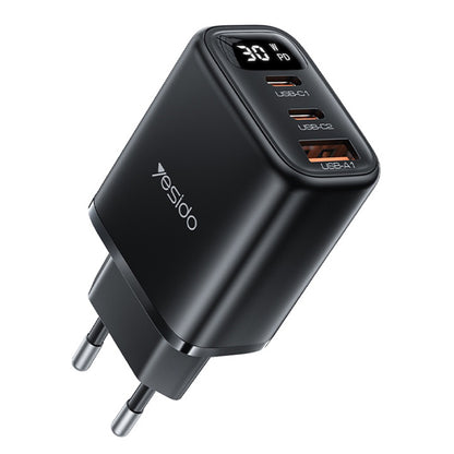 Φορτιστής Δικτύου Yesido YC69 Display, 30W, 3A, 1 x USB-A - 2 x USB-C, Μαύρο