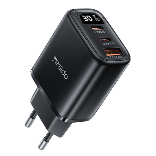 Φορτιστής Δικτύου Yesido YC69 Display, 30W, 3A, 1 x USB-A - 2 x USB-C, Μαύρο