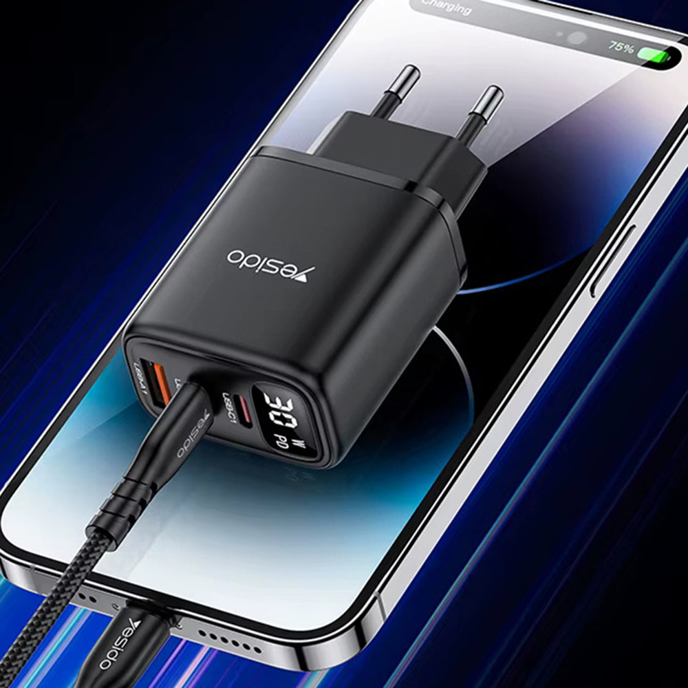 Φορτιστής Δικτύου Yesido YC69 Display, 30W, 3A, 1 x USB-A - 2 x USB-C, Μαύρο