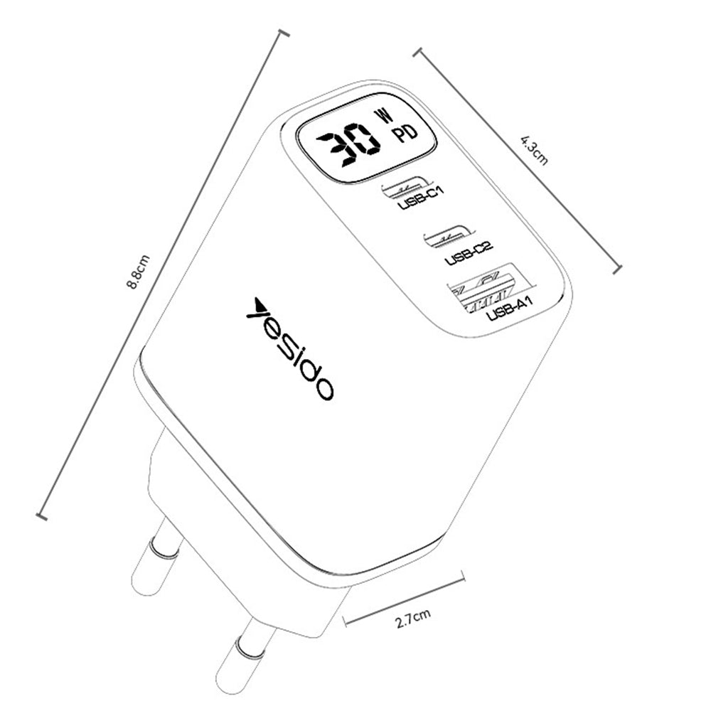 Φορτιστής Δικτύου Yesido YC69 Display, 30W, 3A, 1 x USB-A - 2 x USB-C, Μαύρο