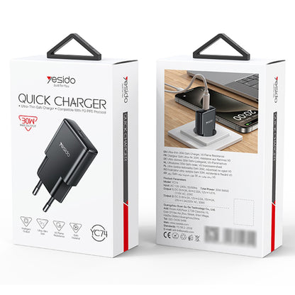 Φορτιστής Δικτύου Yesido YC74, 30W, 3A, 1 x USB-C, Μαύρο