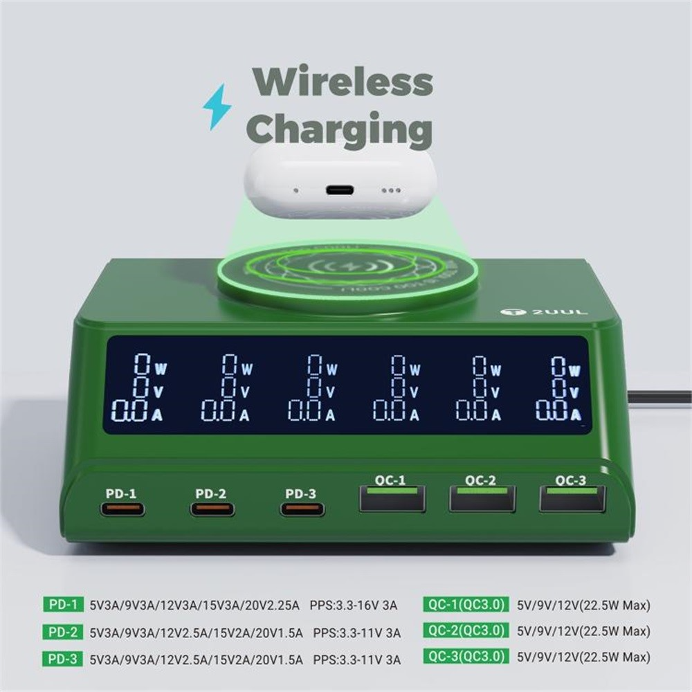 Φορτιστής Σταθμός 2UUL PC11 QI, 110W, 3A, 3 x USB-A - 3 x USB-C, Πράσινο