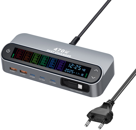Φορτιστής Σταθμός με Καλώδιο USB-C OEM LCD470W, 470W, 5A, 2 x USB-A - 3 x USB-C, Γκρι