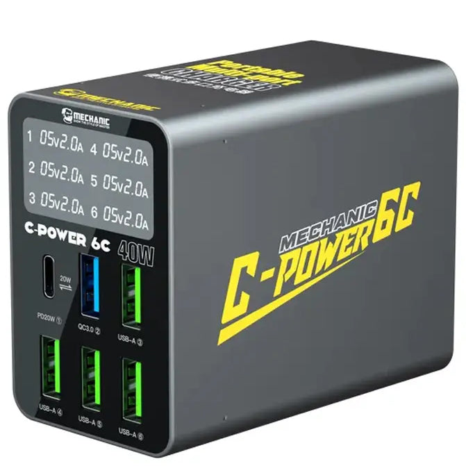 Φορτιστής Σταθμός Mechanic 6C με Οθόνη, 40W, 3A, 1 x USB-C - 5 x USB-A, Μαύρο
