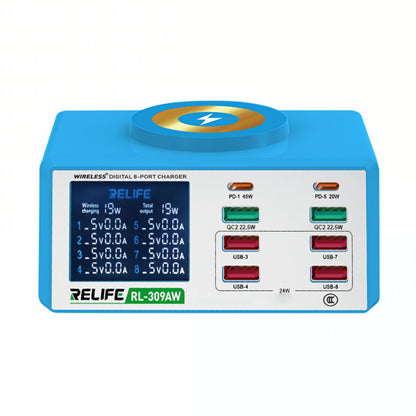 Φορτιστής Σταθμός Relife RL-309AW QI, 100W, 5A, 2 x USB-C - 6 x USB-A, Μπλε