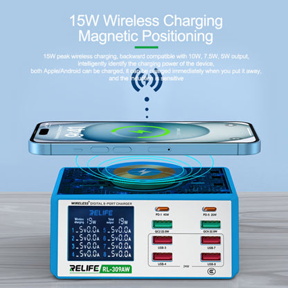 Φορτιστής Σταθμός Relife RL-309AW QI, 100W, 5A, 2 x USB-C - 6 x USB-A, Μπλε