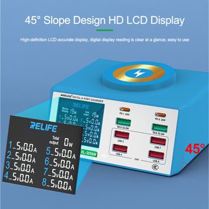 Φορτιστής Σταθμός Relife RL-309AW QI, 100W, 5A, 2 x USB-C - 6 x USB-A, Μπλε