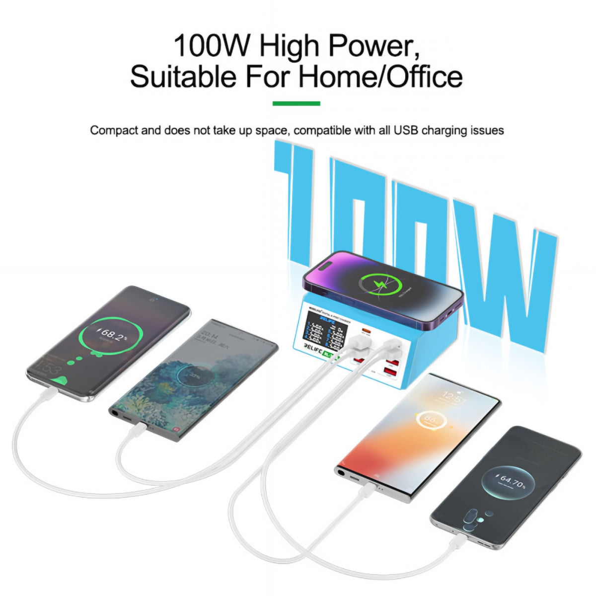 Φορτιστής Σταθμός Relife RL-309AW QI, 100W, 5A, 2 x USB-C - 6 x USB-A, Μπλε