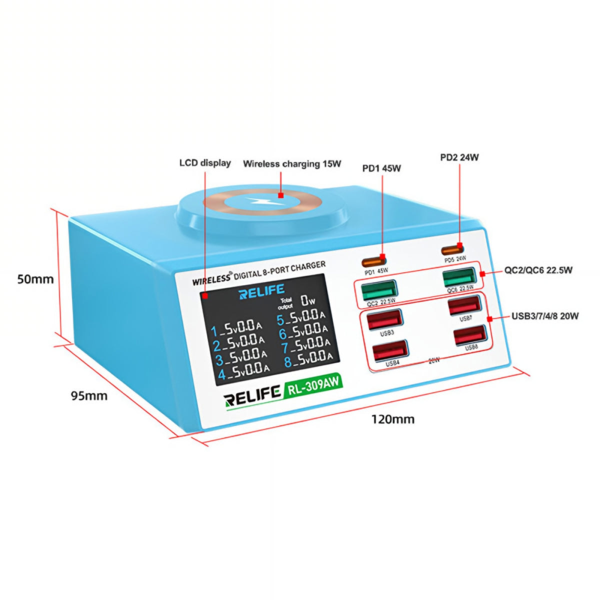 Φορτιστής Σταθμός Relife RL-309AW QI, 100W, 5A, 2 x USB-C - 6 x USB-A, Μπλε