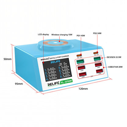 Φορτιστής Σταθμός Relife RL-309AW QI, 100W, 5A, 2 x USB-C - 6 x USB-A, Μπλε