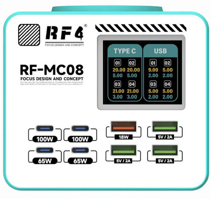 RF4 RF-MC08 Station Charger, 150W, 5A, 4 x USB-A - 4 x USB-C, Turquoise