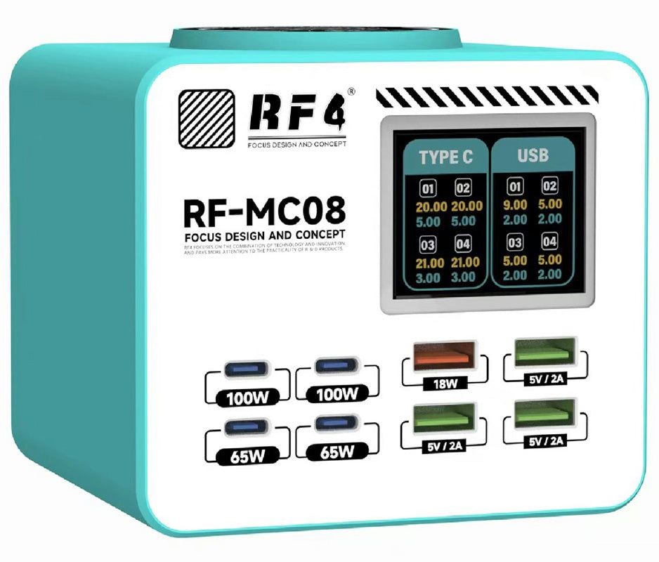 RF4 RF-MC08 Station Charger, 150W, 5A, 4 x USB-A - 4 x USB-C, Turquoise