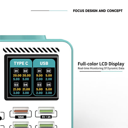 RF4 RF-MC08 Station Charger, 150W, 5A, 4 x USB-A - 4 x USB-C, Turquoise