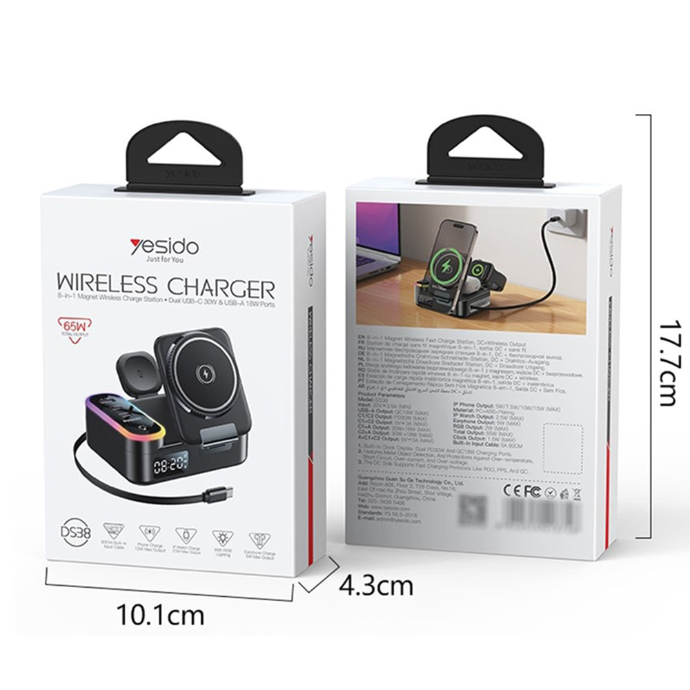 Φορτιστής Σταθμός Yesido DS38 Οθόνη QI 3σε1, 65W, 3A, 1 x USB-A - 2 x USB-C, Μαύρο