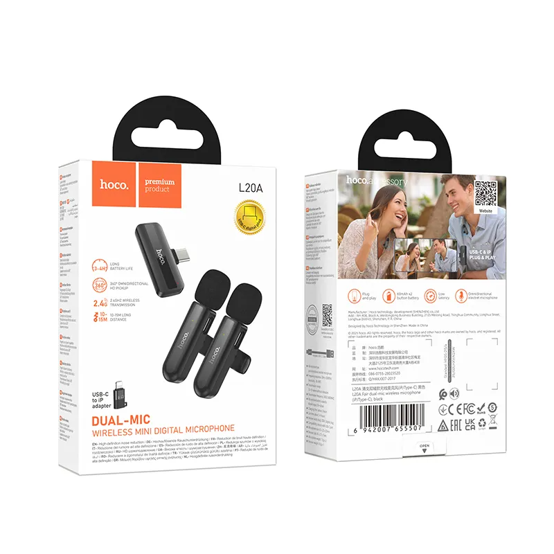 Lavaliera HOCO L20A, USB-C / Lightning, Σετ 2 τεμαχίων, Μαύρη
