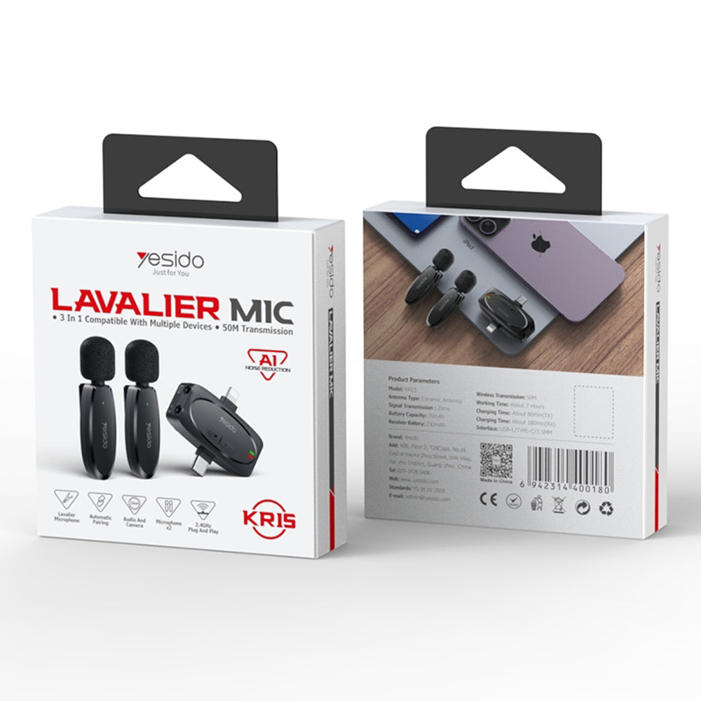 Lavaliera Yesido KR15, USB-C / Lightning, Σετ 2 τεμάχια, Μαύρη