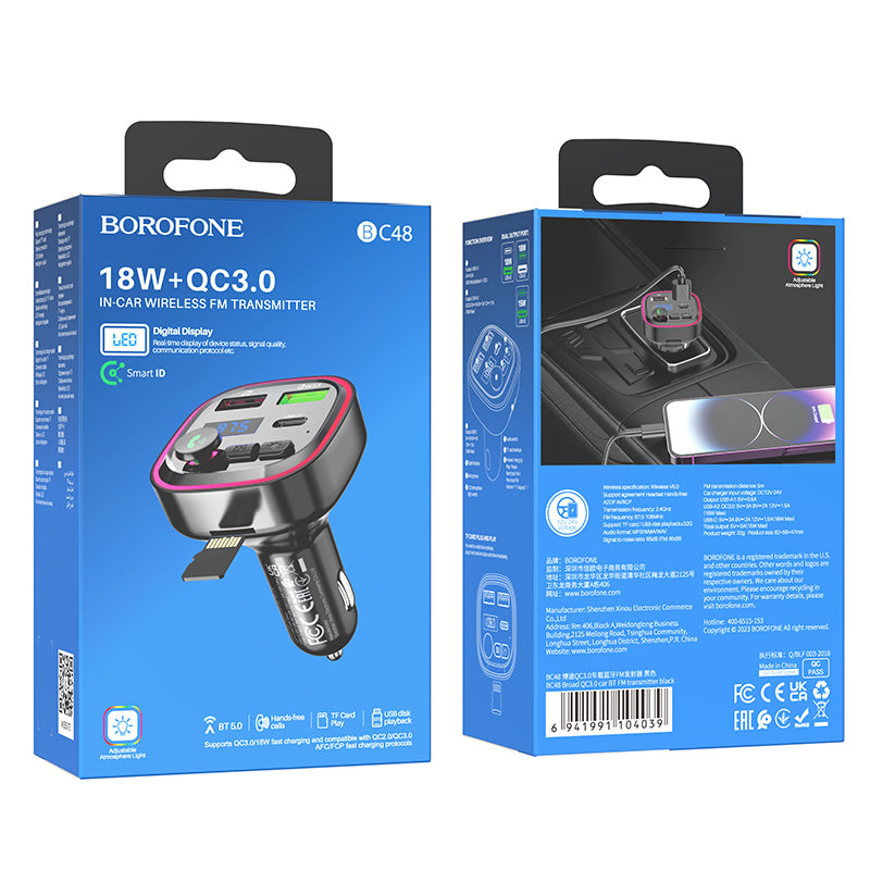 FM Bluetooth Modulator Borofone BC48, 2 x USB-A - 1 x USB-C - 1 x microSD