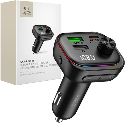 Tech-Protect CC07 Bluetooth FM Modulator, 2 x USB-A - 1 x USB-C