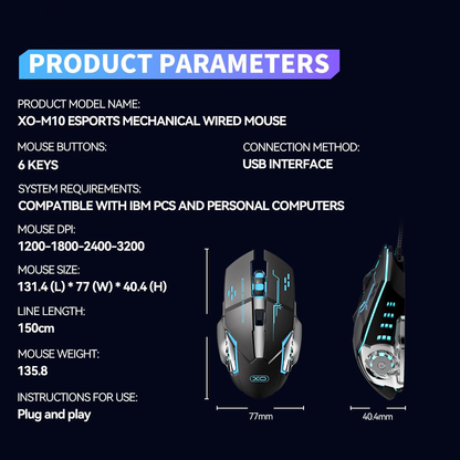 Ποντίκι Gaming Ενσύρματο USB XO Design M10, RGB, 3200DPI, Μαύρο
