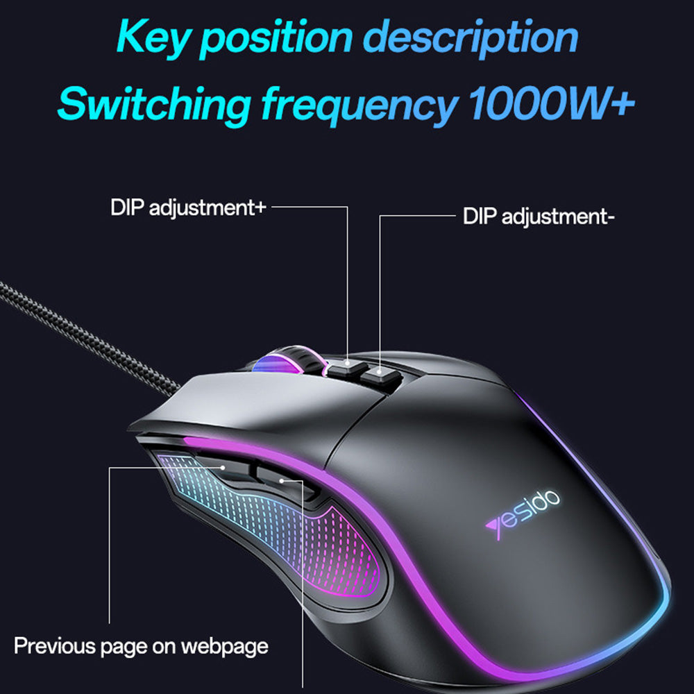 Mouse Gaming Wired USB Yesido KB20, RGB, 1000DPI - 7200DPI, Μαύρο