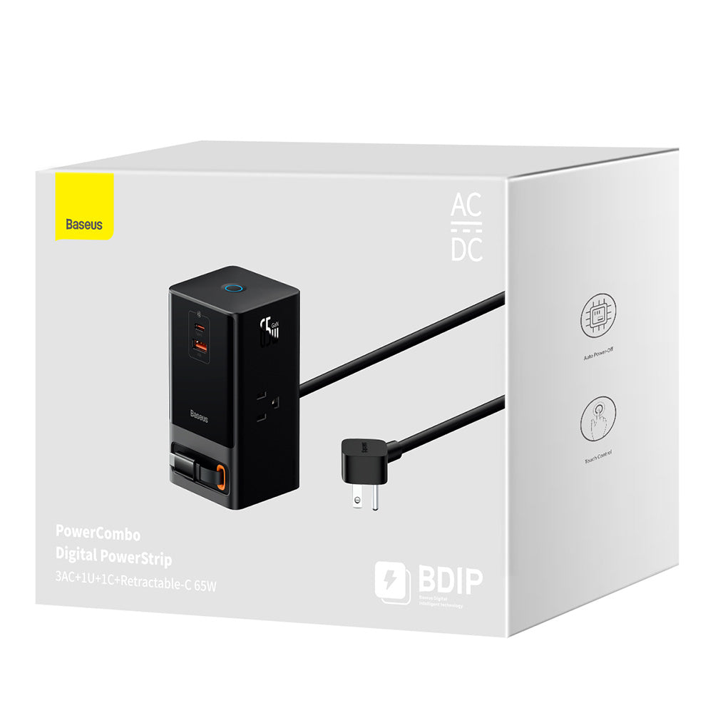 Baseus PowerCombo US Extension Cord, 3 x Outlets - 1 x USB-A - 2 x USB-C, Black PSLR000101