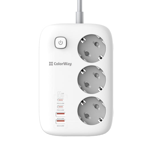 ColorWay Extension Cord, 3 x Schuko - 2 x USB-A - 2 x USB-C, White